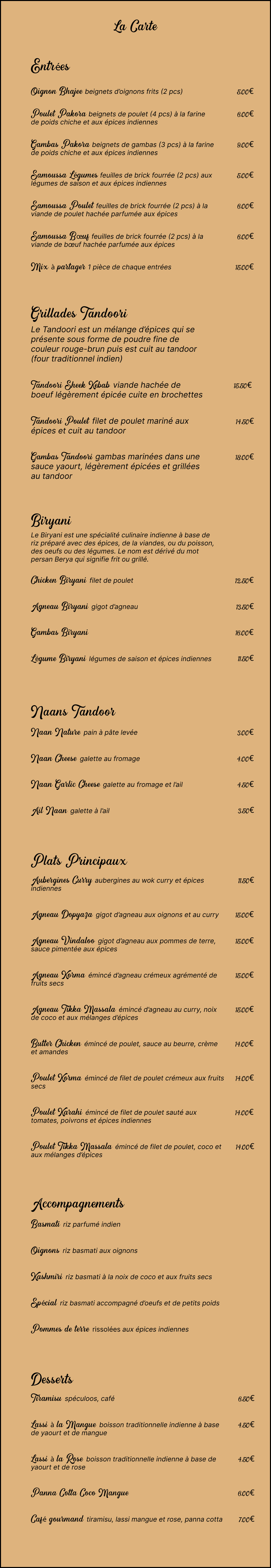 Menu du Thali